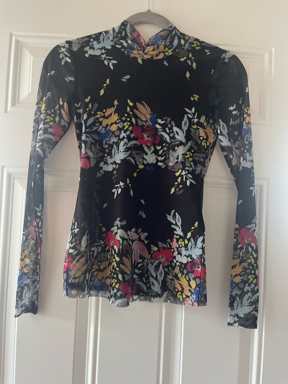 Ted Baker Women’s Mesh Black Floral Long-Sleeve Mock Neck Top